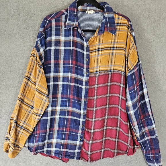 Romantic Gypsy Womens Boho Plaid Multicolor Patchwork Button Up Shirt Plus 2X - Picture 1 of 9